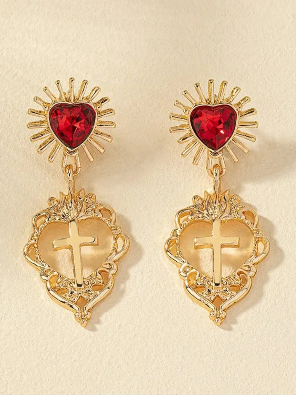 Source Unknown Gold Sacred Heart Drop Earrings with Red Heart Gem